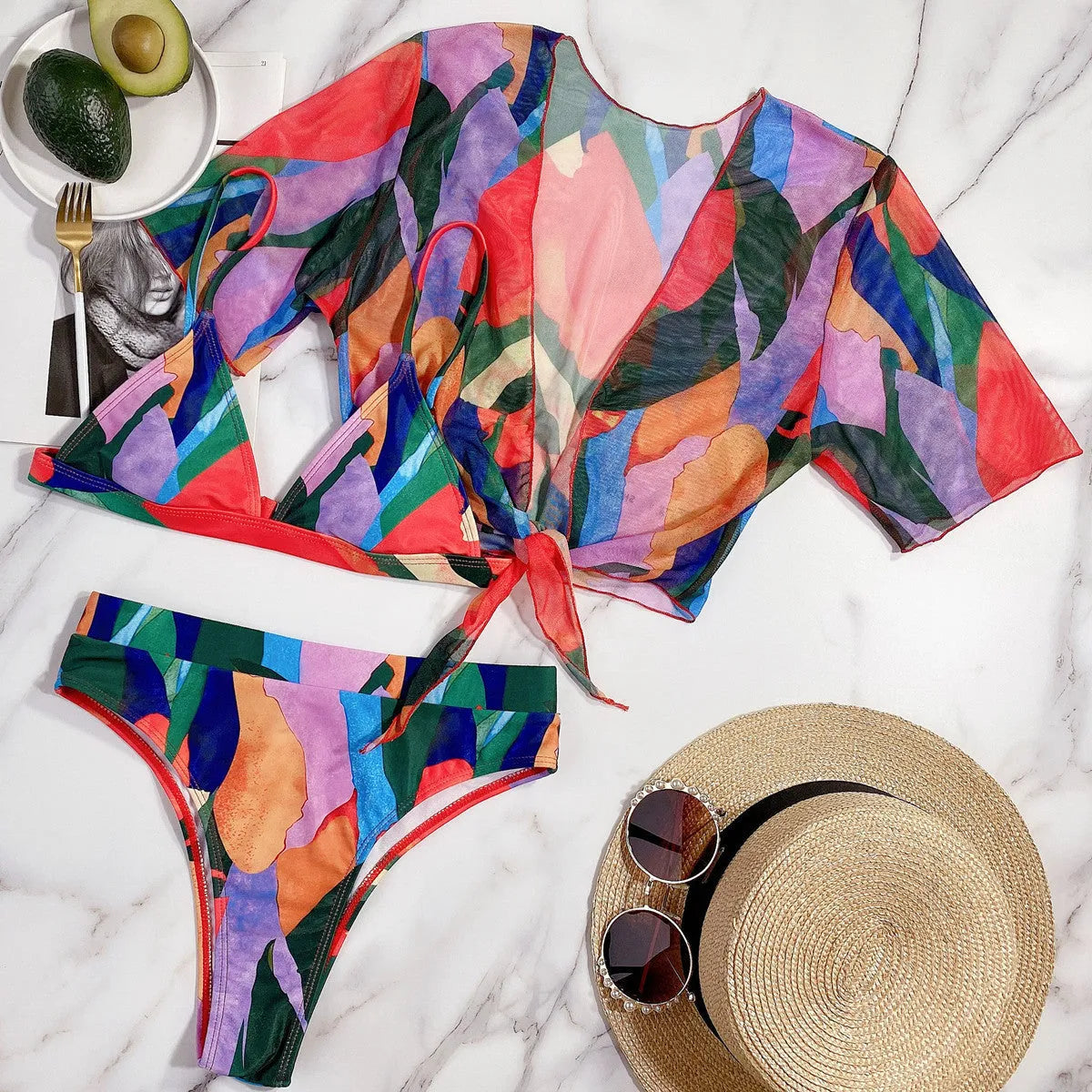 Red printed women's split swimsuit with nylon fabric for swimming and water sports