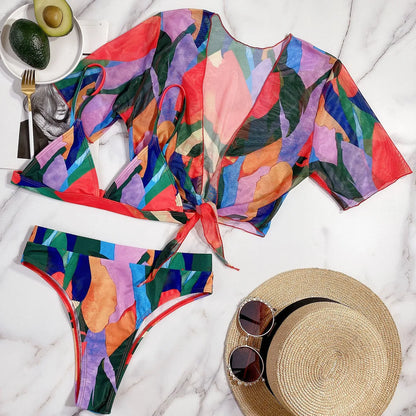 Red printed women's split swimsuit with nylon fabric for swimming and water sports