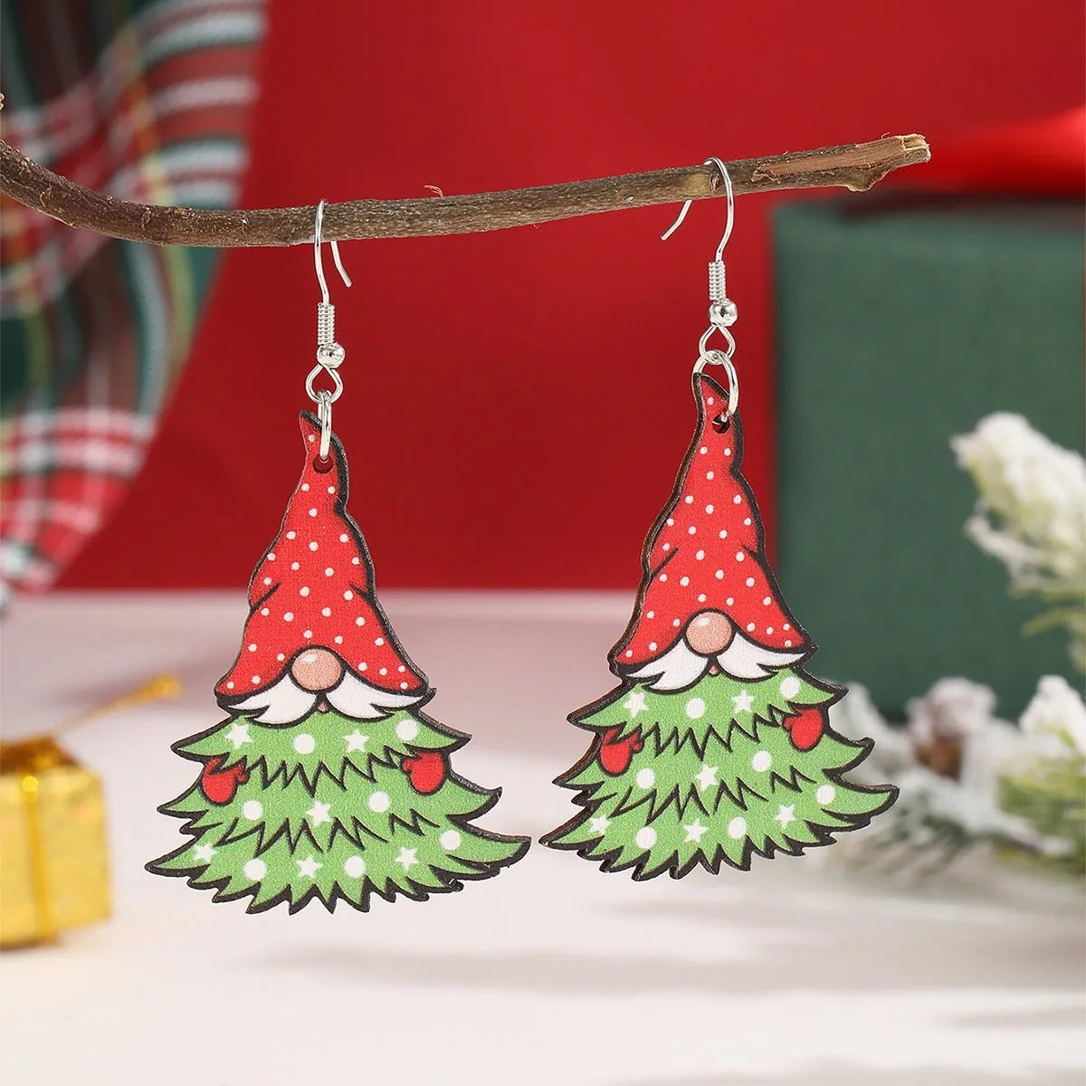 Wooden Christmas earrings with Christmas tree and water drop snowman designs, 3.5cm height