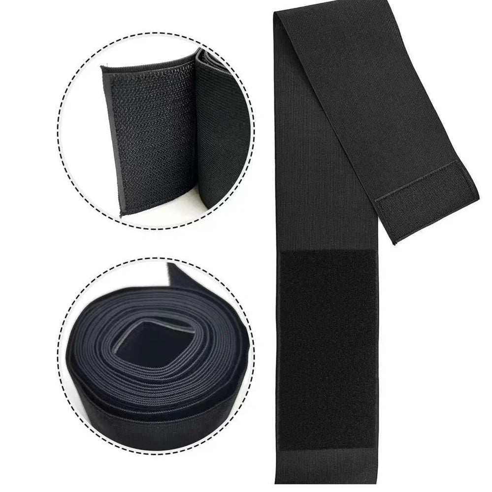 Red and black polyester waist training belt with binding strap for body sculpting