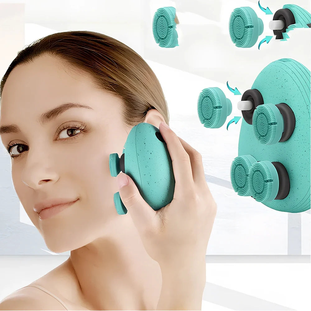 Automatic scalp massager with 8 blue silicone heads arranged in circular pattern on white background