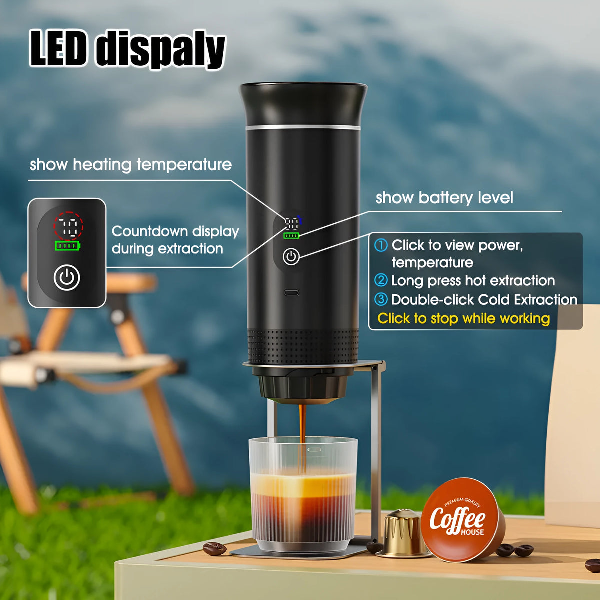 Portable black capsule coffee machine with LCD display for use in electric cars and outdoor travel