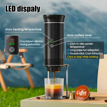 Portable black capsule coffee machine with LCD display for use in electric cars and outdoor travel