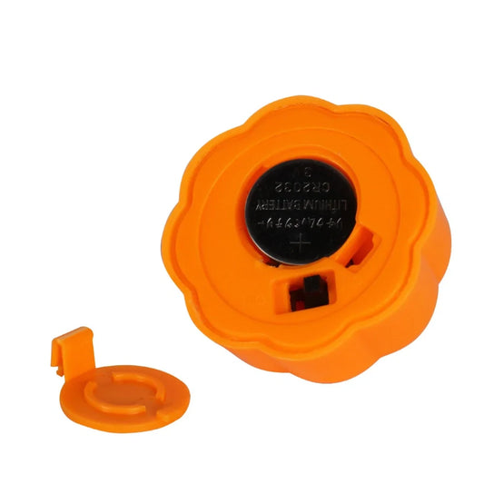 12 yellow LED pumpkin lights with electronic candle function measuring 4.9x4.3cm
