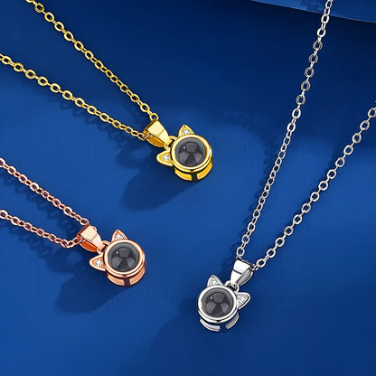 Kitten necklace in copper with electroplated gold, rose gold, or silver finish and clavicle pendant