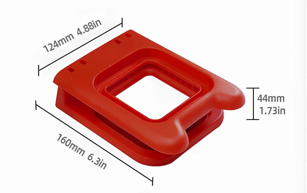 Red square sandwich press mould creating hemmed breakfast sandwiches with clean edges