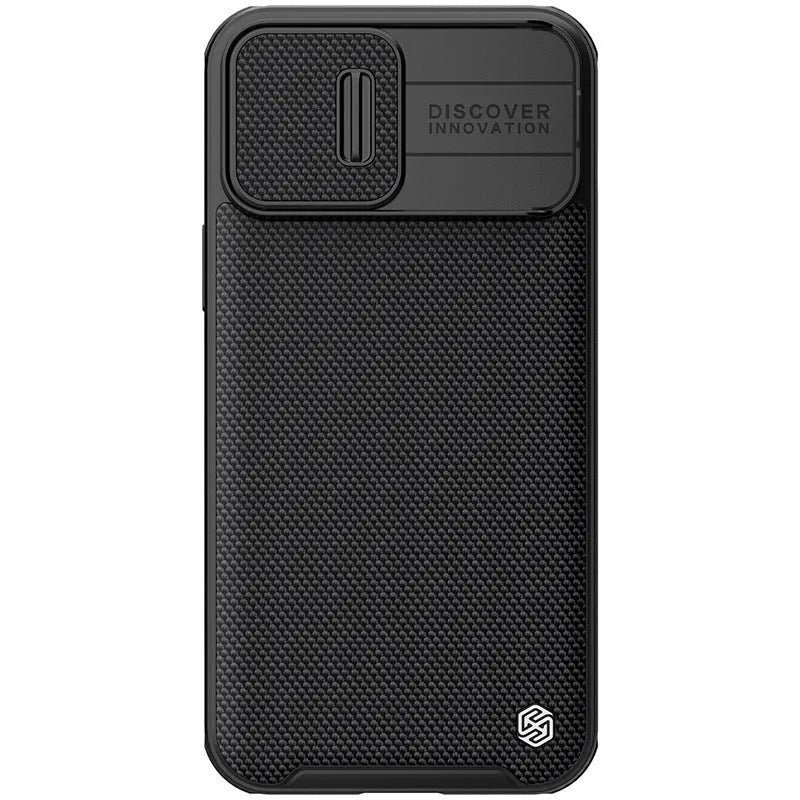 Black textured iPhone 13 Pro Max protective case with PC shell and TPU edge sliding cover