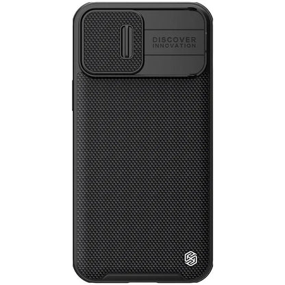 Black textured iPhone 13 Pro Max protective case with PC shell and TPU edge sliding cover
