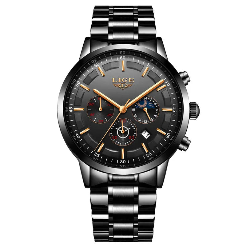 Men's waterproof quartz sports watch with moon display in black and rose red gold