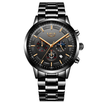 Men's waterproof quartz sports watch with moon display in black and rose red gold