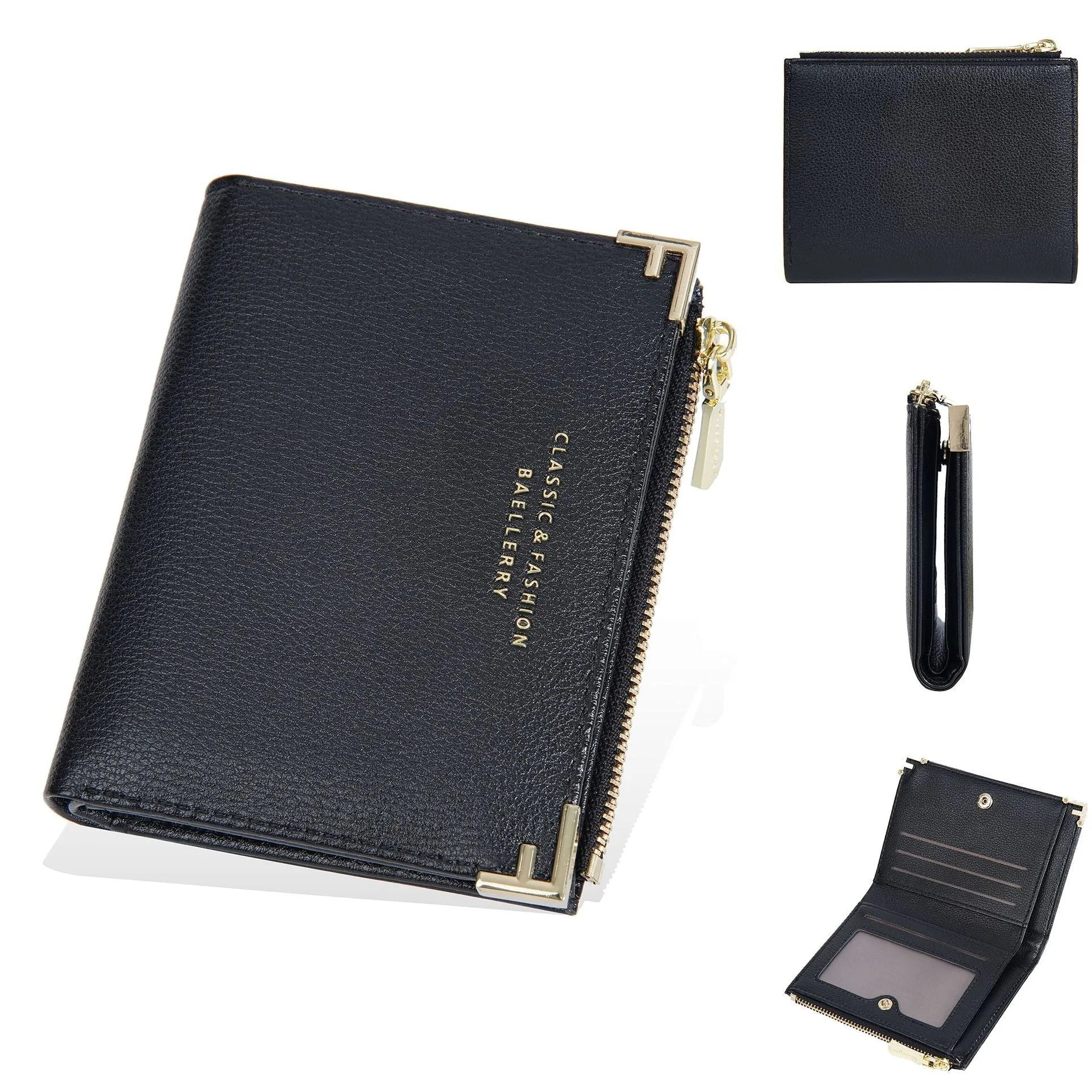 Slim pink PU leather women's wallet with card slots and a zipper coin compartment.