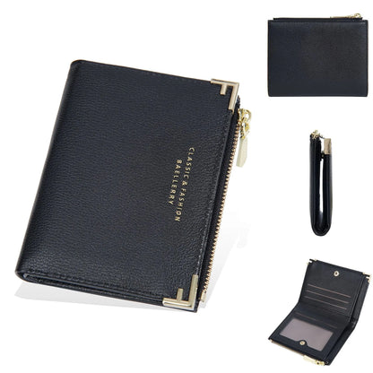 Slim pink PU leather women's wallet with card slots and a zipper coin compartment.