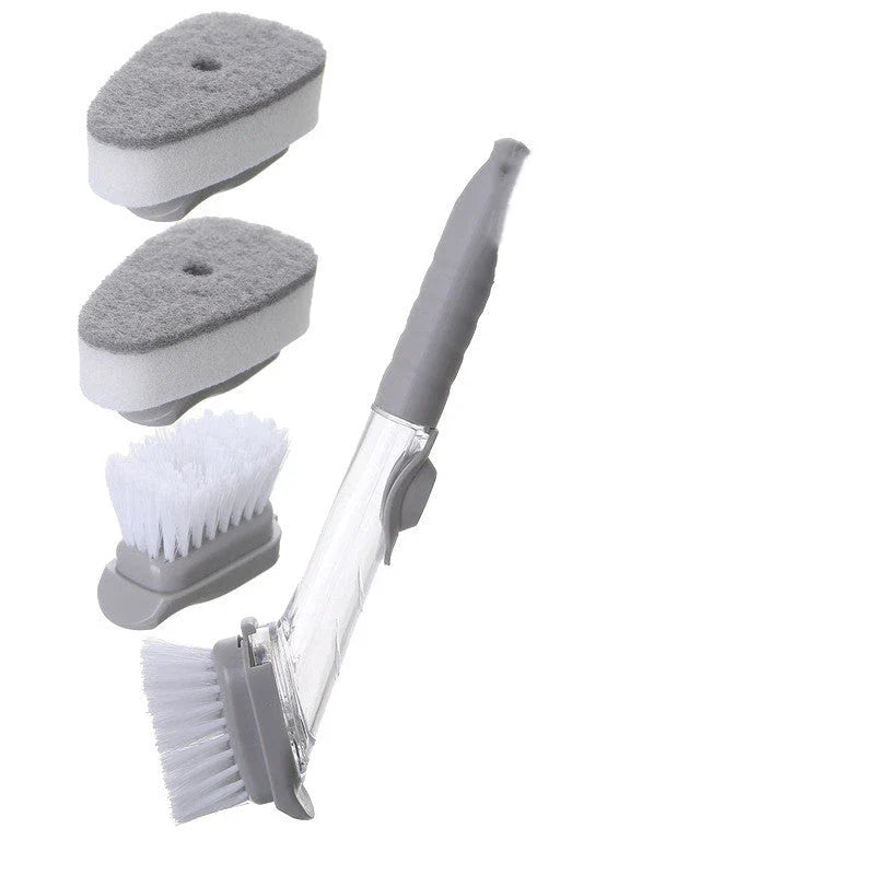 Long-handled kitchen cleaning brush with removable head, designed for efficient and hygienic scrubbing of dishes, bowls, and surfaces.