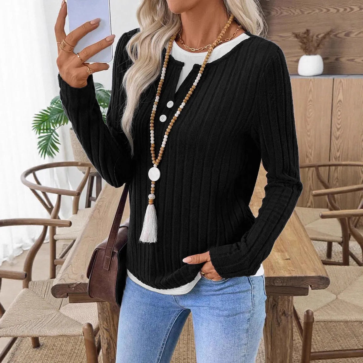 Women's concave stripe pullover sweater with fake two-piece design and button front in street fashion style