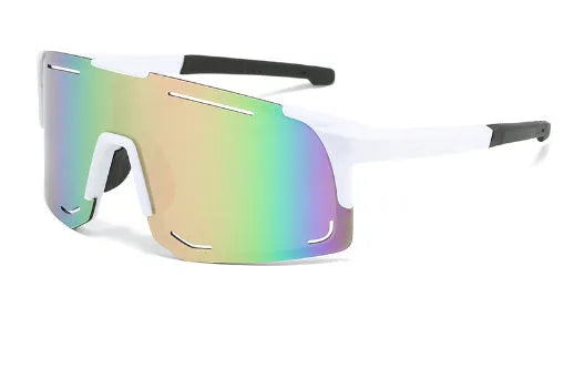 Square cycling sunglasses in black, blue, green, pink, or white frame with various lens films