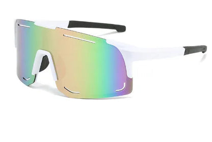 Square cycling sunglasses in black, blue, green, pink, or white frame with various lens films