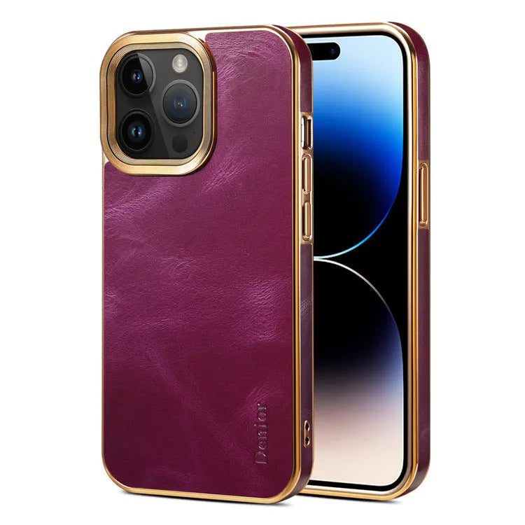 Leather phone case in vintage oil wax leather, handmade for iPhone 12 to 15 Ultra models, showing slim design and 360-degree protection.