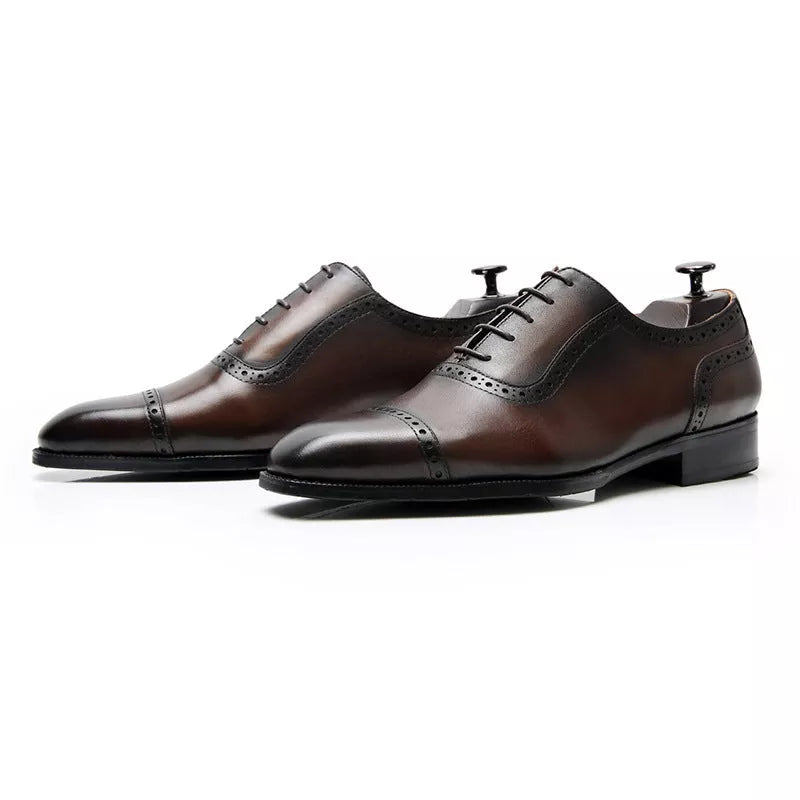 Men's black and dark brown brogue leather Oxford shoes with non-slip rubber soles