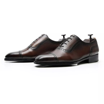 Men's black and dark brown brogue leather Oxford shoes with non-slip rubber soles