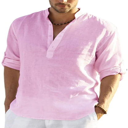 Premium cotton-linen casual shirt with stand collar, long sleeves, and button-down closure