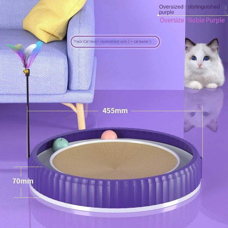 Round cat scratching board with removable pad and toy bell ball in navy blue
