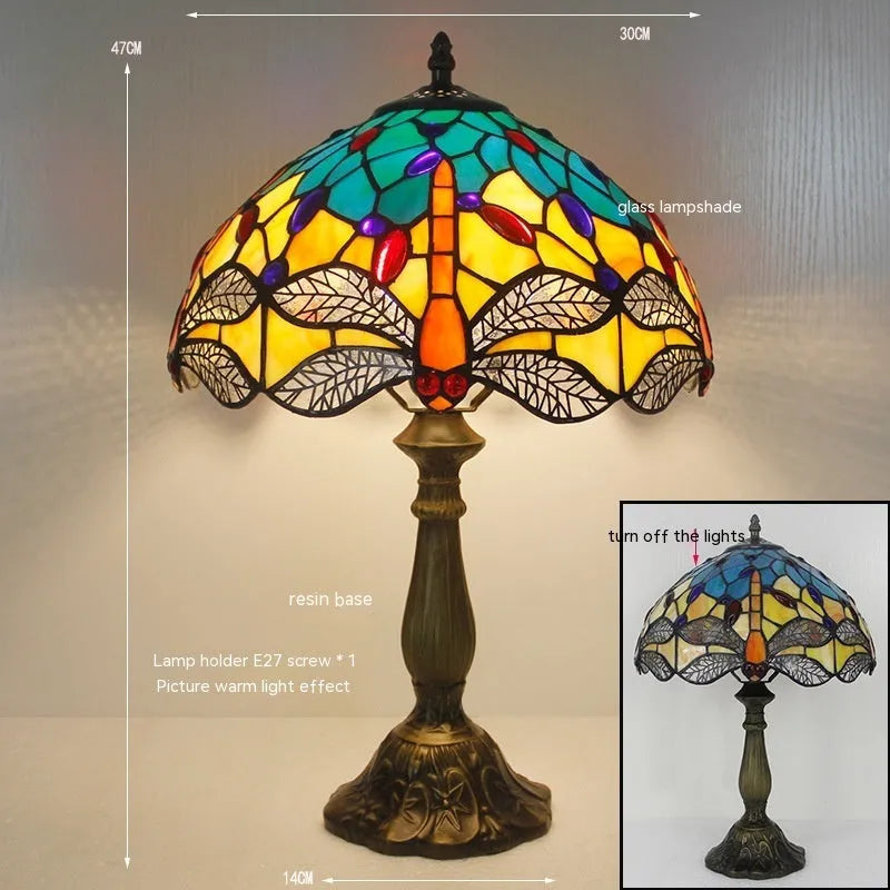 European style stone table lamp with dragonfly motif in blue finish, 30cm height