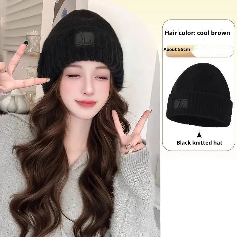 Hat wig with big wave curly hair in cold brown or brown black, full-head design for women, medium to long length
