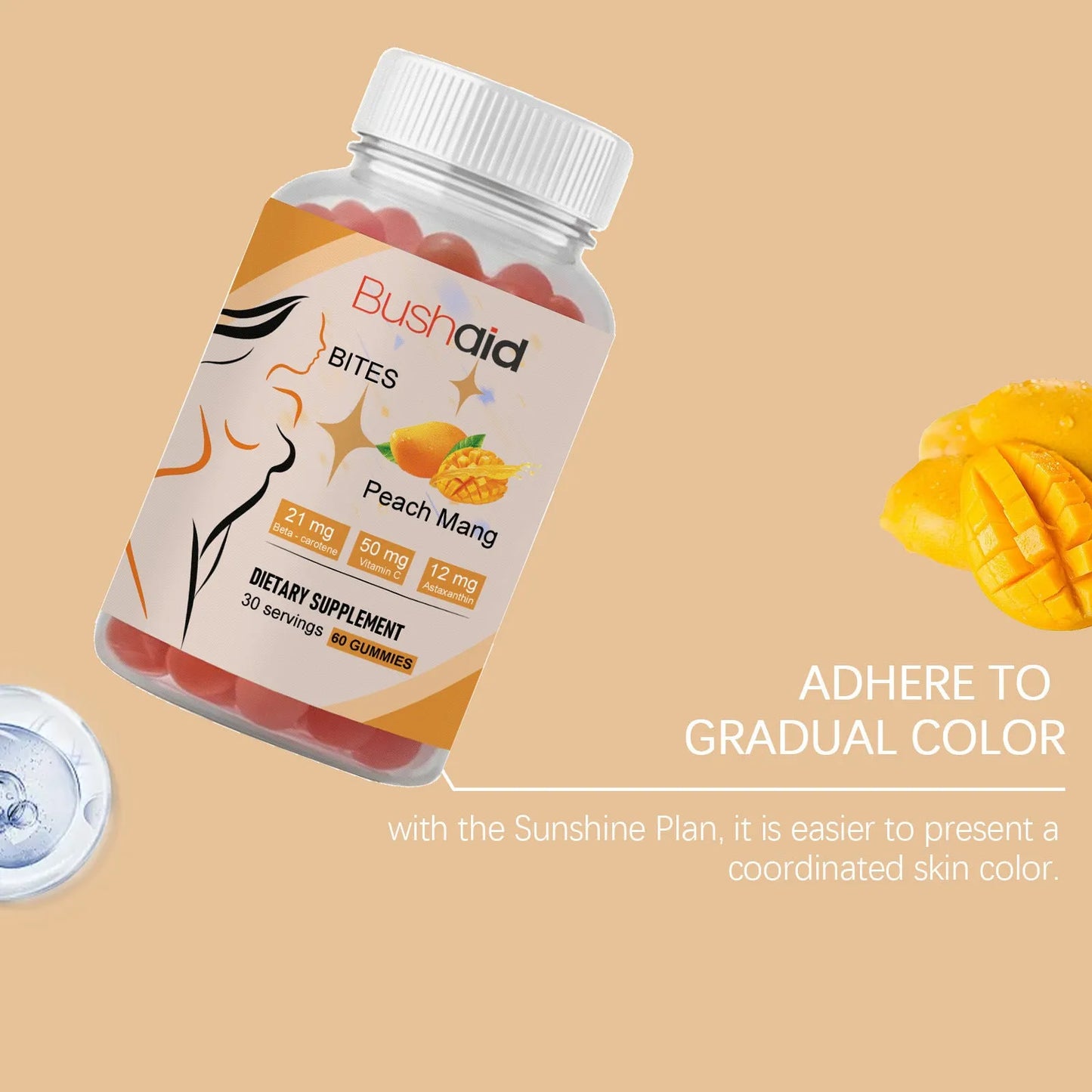 Pack of BUSHAID Tanning Gummy Candies, a 60-count dietary supplement with astaxanthin and Vitamin D3.