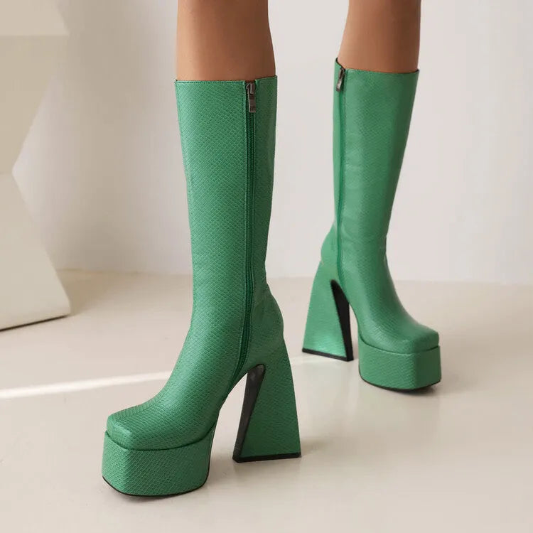 Women's high boots with artificial PU upper in black, red, blue, or white colours, sizes 34-43