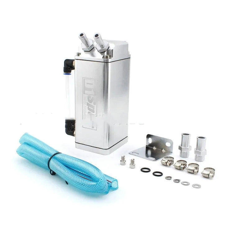 Car engine oil catch tank in metallic finish showing round and square model options