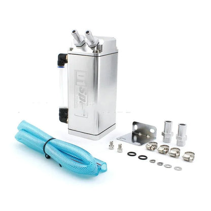 Car engine oil catch tank in metallic finish showing round and square model options