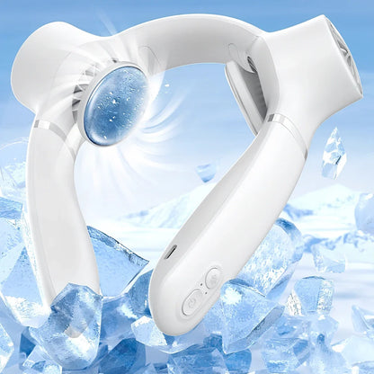 USB rechargeable neck fan with semiconductor cooling in white, dark blue, or light green colours