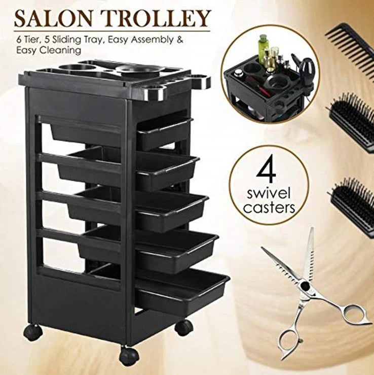 Black 6-layer hair salon tool car with plastic construction and wheels for mobile storage