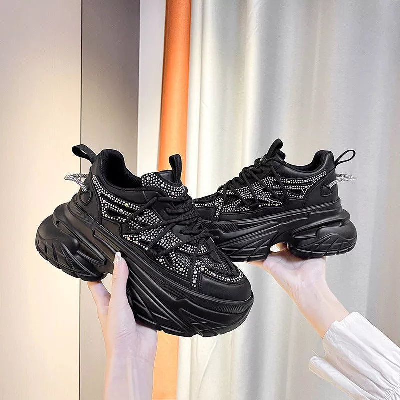Women's summer mesh breathable sneakers in black, white, and pink with mid heel