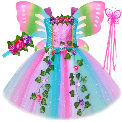 Girls sequined fairy dress with mesh tutu skirt, headband, wings, and magic wand in nylon, sizes S to 3XL
