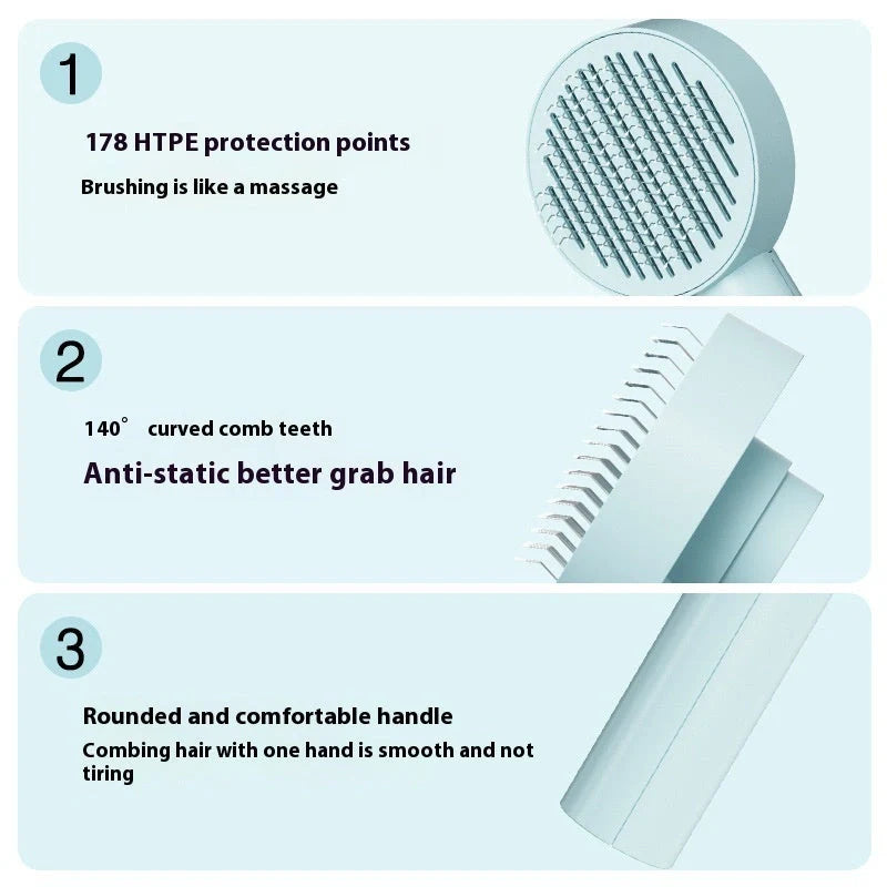 Self-cleaning pet grooming brush for dogs and cats with one-touch cleaning button