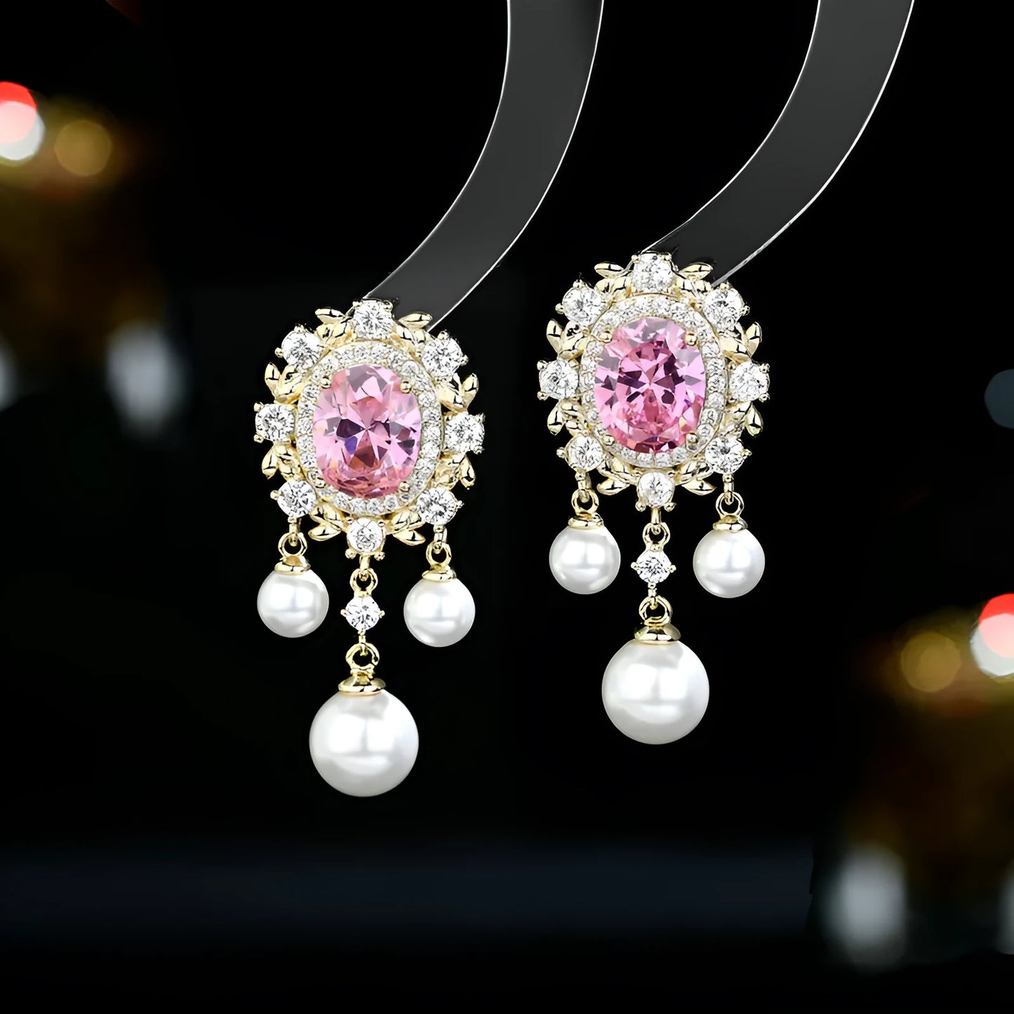 Oval geometric earrings with zircon inlay and pearl tassel in light purple colour option