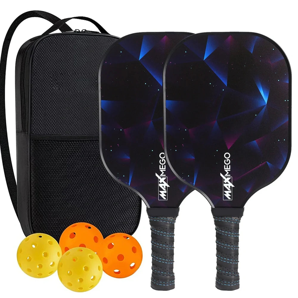 Peak Racket fibreglass squash set showing two rackets and four balls for complete playing equipment