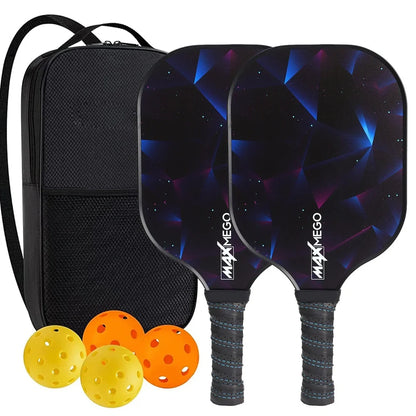Peak Racket fibreglass squash set showing two rackets and four balls for complete playing equipment