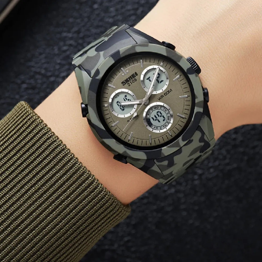 Electronic casual watch with 50m waterproof, resin mirror, ABS case, TPU strap in camouflage colour