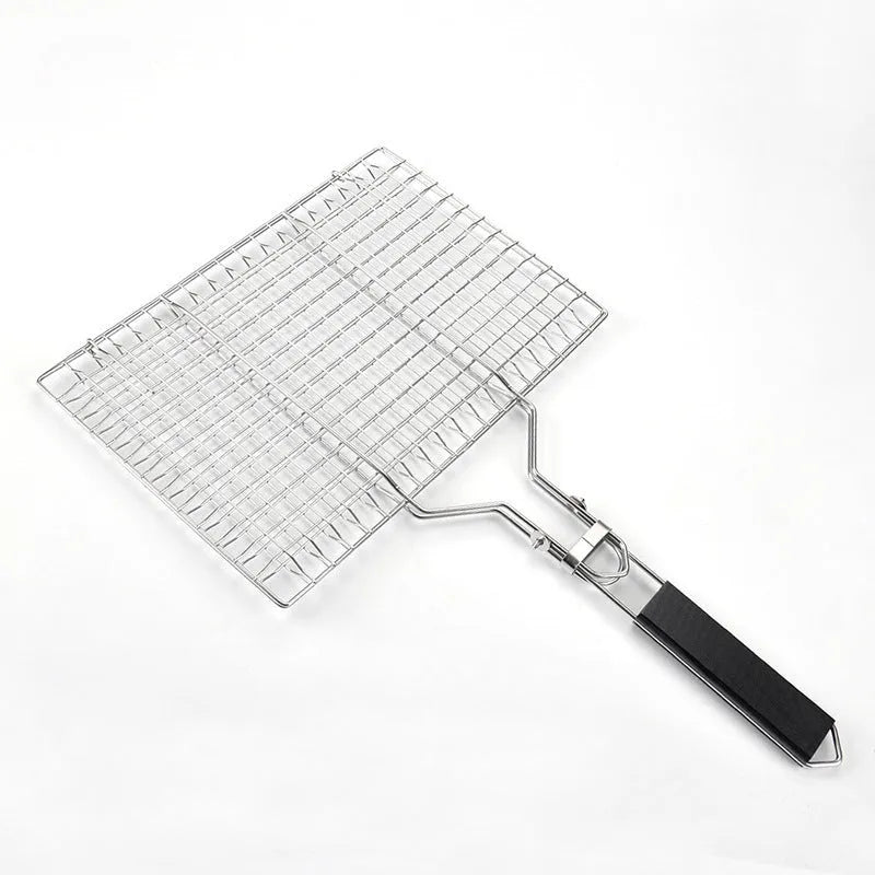 Stainless steel square barbecue mesh basket folded with cleaning brush for outdoor grilling