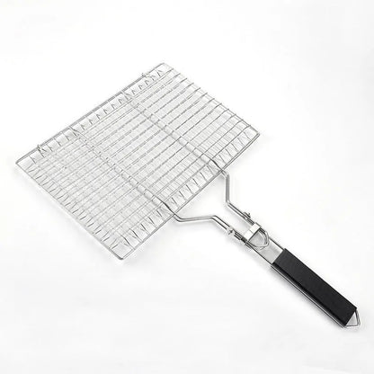 Stainless steel square barbecue mesh basket folded with cleaning brush for outdoor grilling
