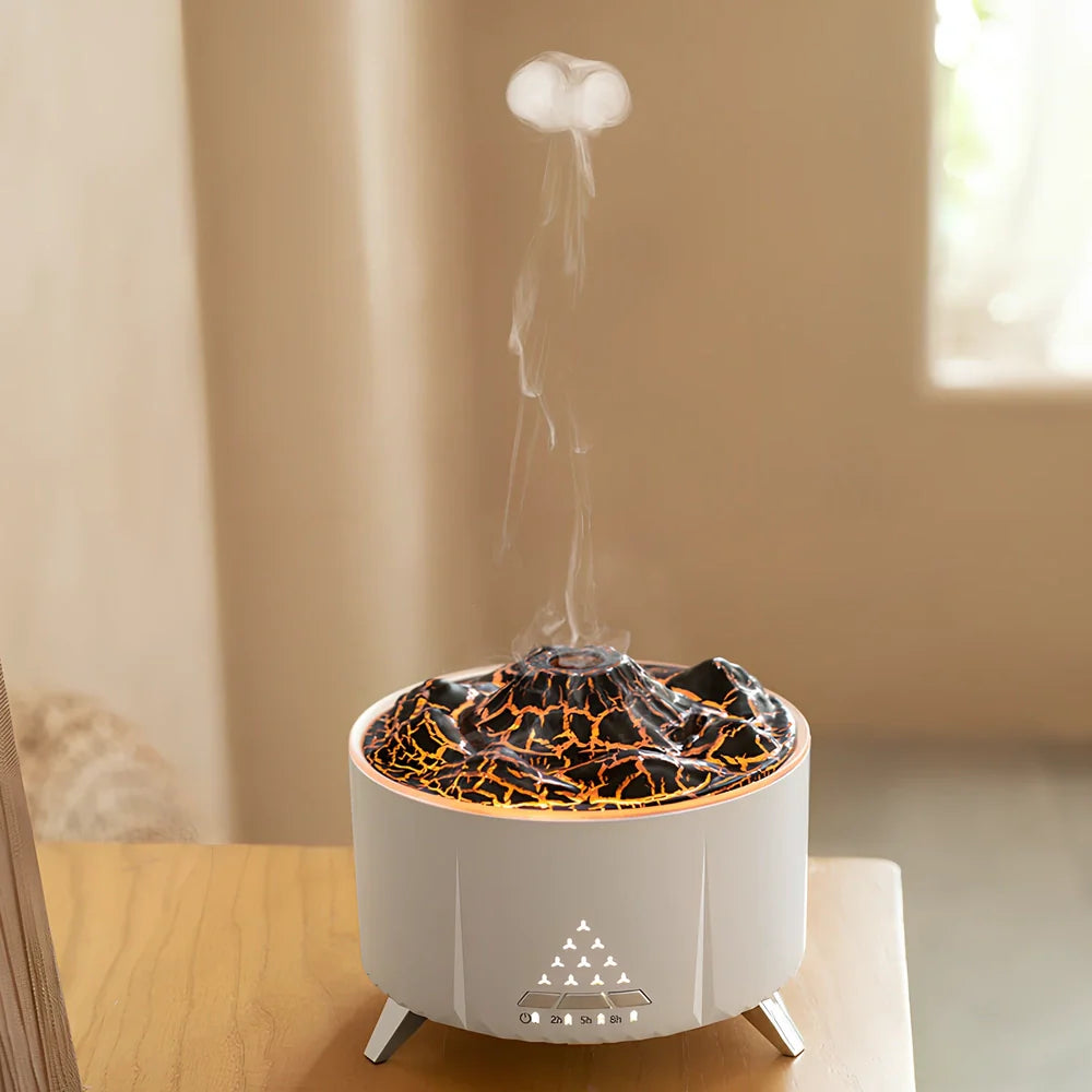 White flame aroma diffuser with Bluetooth speaker, 350ml tank, and adjustable mist output