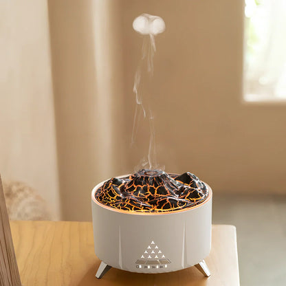 White flame aroma diffuser with Bluetooth speaker, 350ml tank, and adjustable mist output