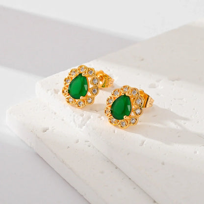 Multi-color zircon stud earrings for women in black, red, green, white, blue, and champagne