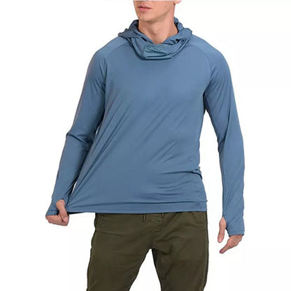 Men's summer sun protection shirt in gray, light blue, or black, featuring breathable and quick-dry fabric
