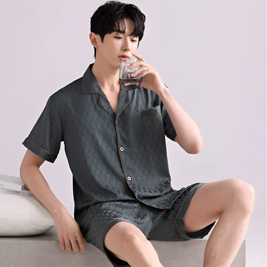 Men's artificial silk pyjama set with cardigan top and short trousers in a satin jacquard pattern.