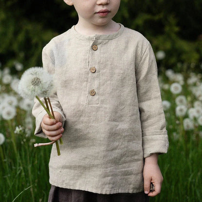 Boy's half-open collar linen shirt in green colour with long sleeves