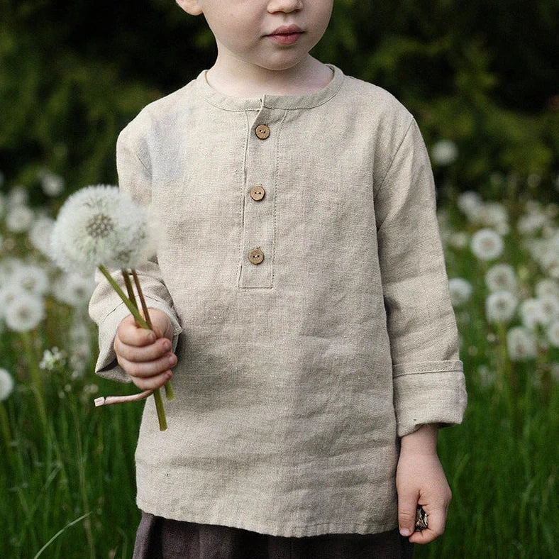 Boy's half-open collar long sleeve cotton linen shirt with 95% linen fabric for breathable comfort, available in sizes 90cm to 130cm for spring and autumn wear