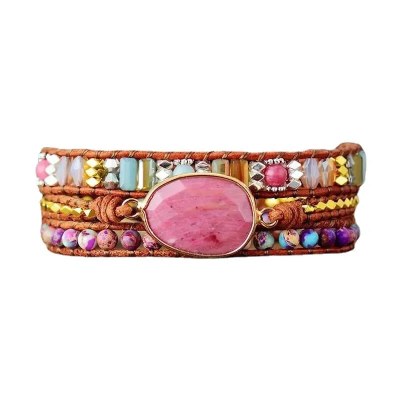 Ethnic style red wood grain leather rope crystal bracelet for women with semi-precious stone